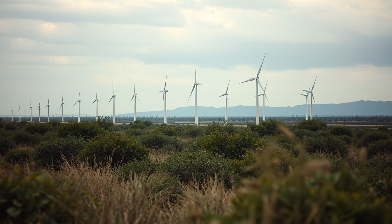 Northeast wind farm turbines against scrubland vegetation in editorial style