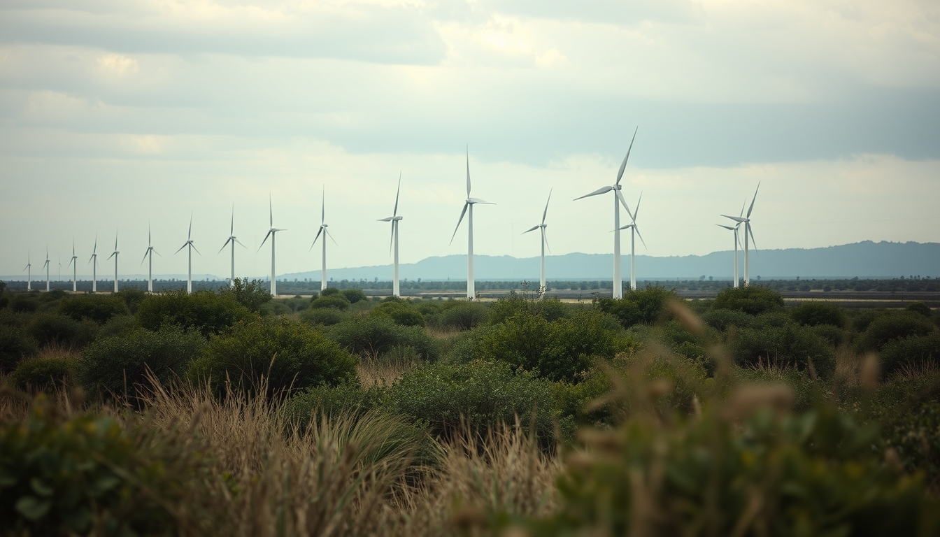 Northeast wind farm turbines against scrubland vegetation in editorial style