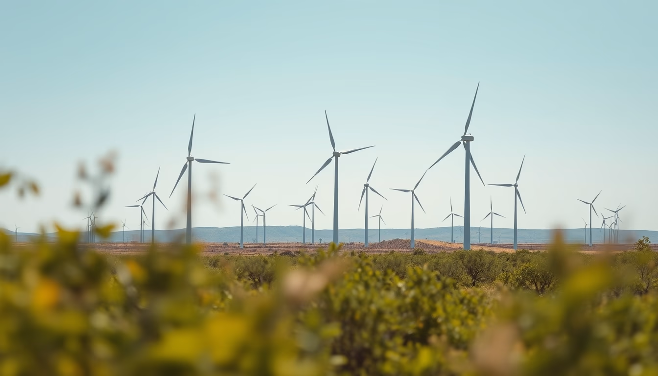 Northeast wind farm turbines against scrubland vegetation in editorial style