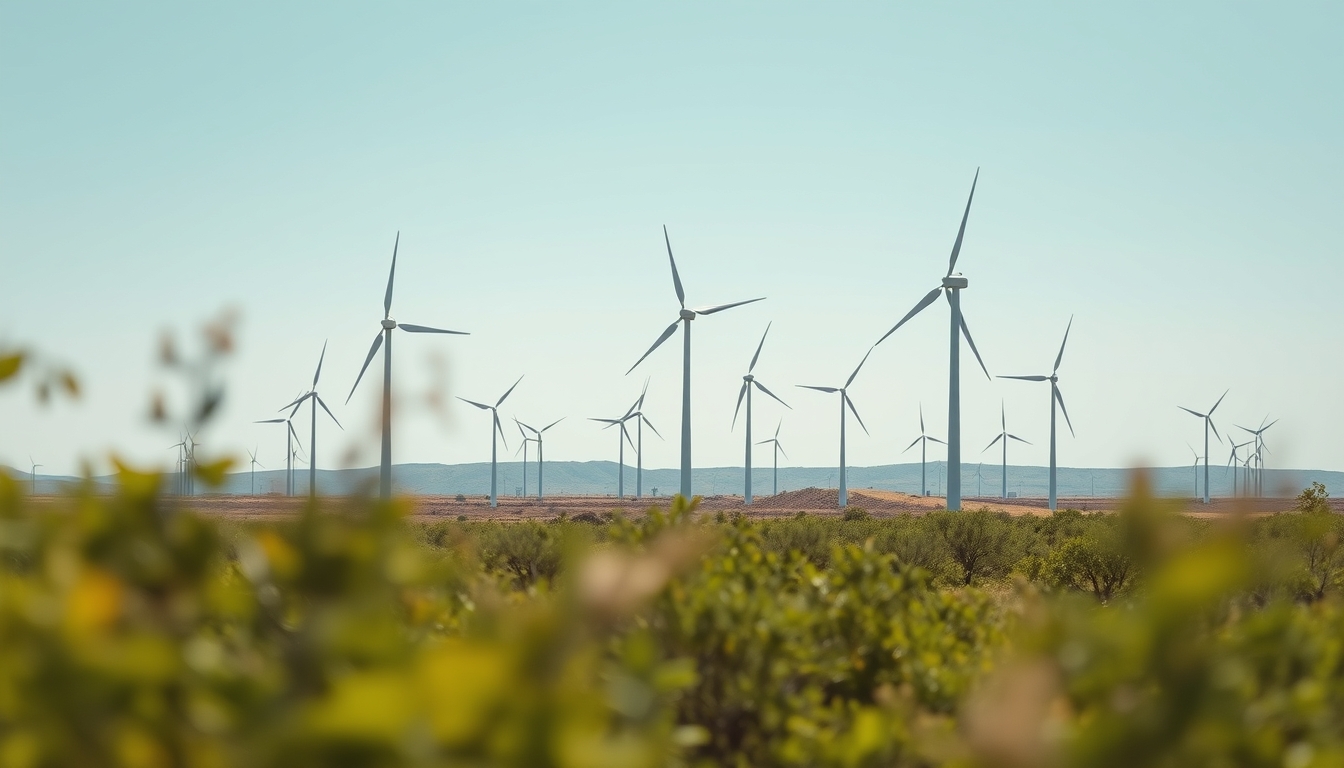 Northeast wind farm turbines against scrubland vegetation in editorial style