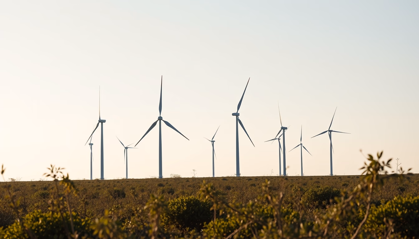 Northeast wind farm turbines against scrubland vegetation in editorial style