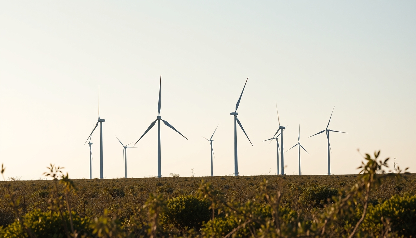 Northeast wind farm turbines against scrubland vegetation in editorial style