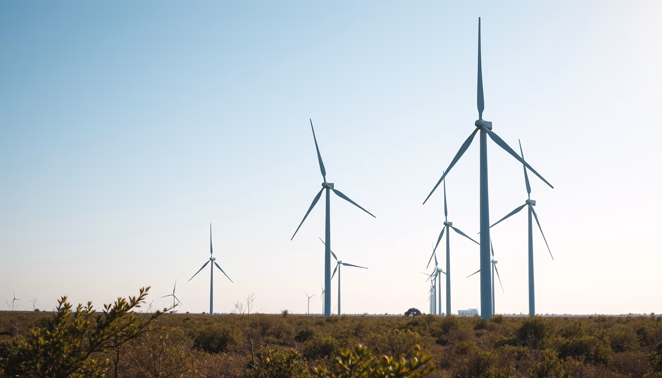 Northeast wind farm turbines against scrubland vegetation in editorial style