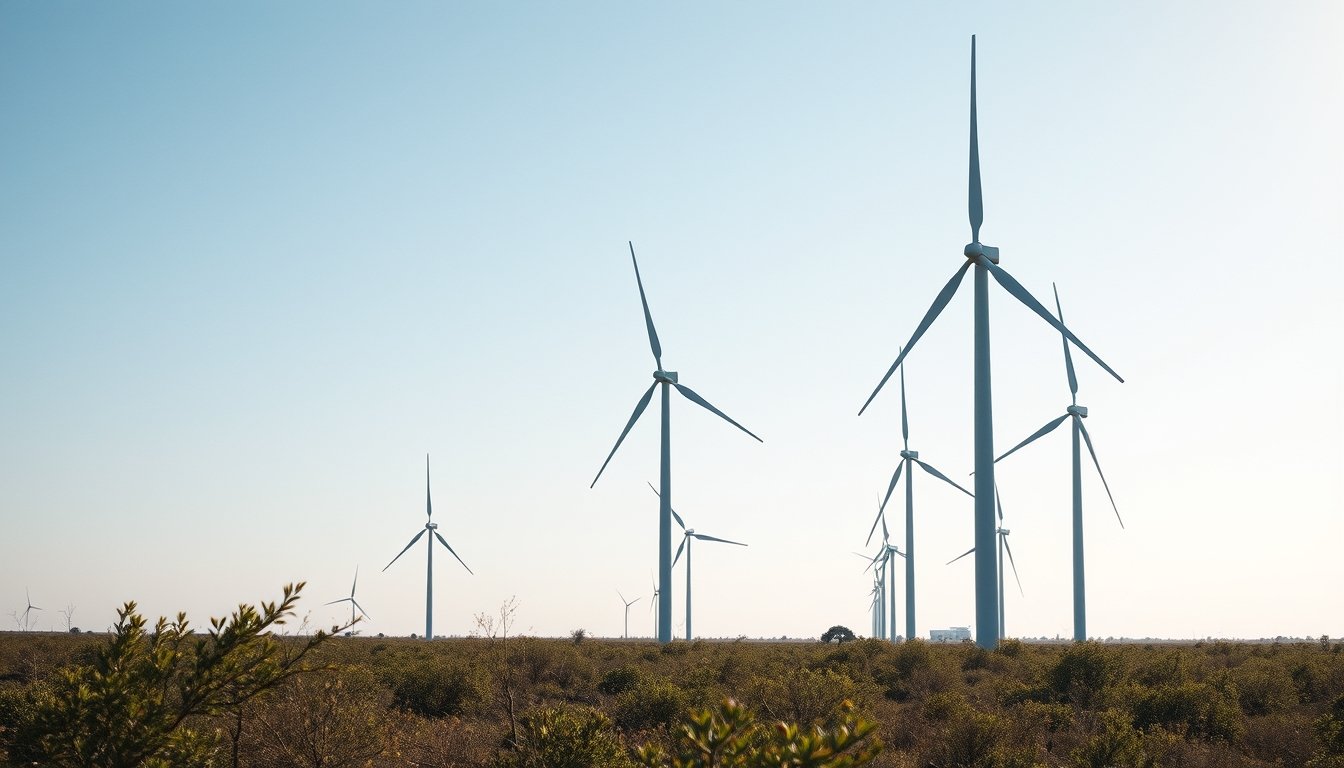 Northeast wind farm turbines against scrubland vegetation in editorial style