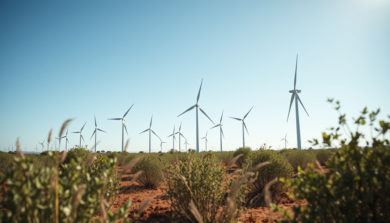 Northeast wind farm turbines against scrubland vegetation in editorial style