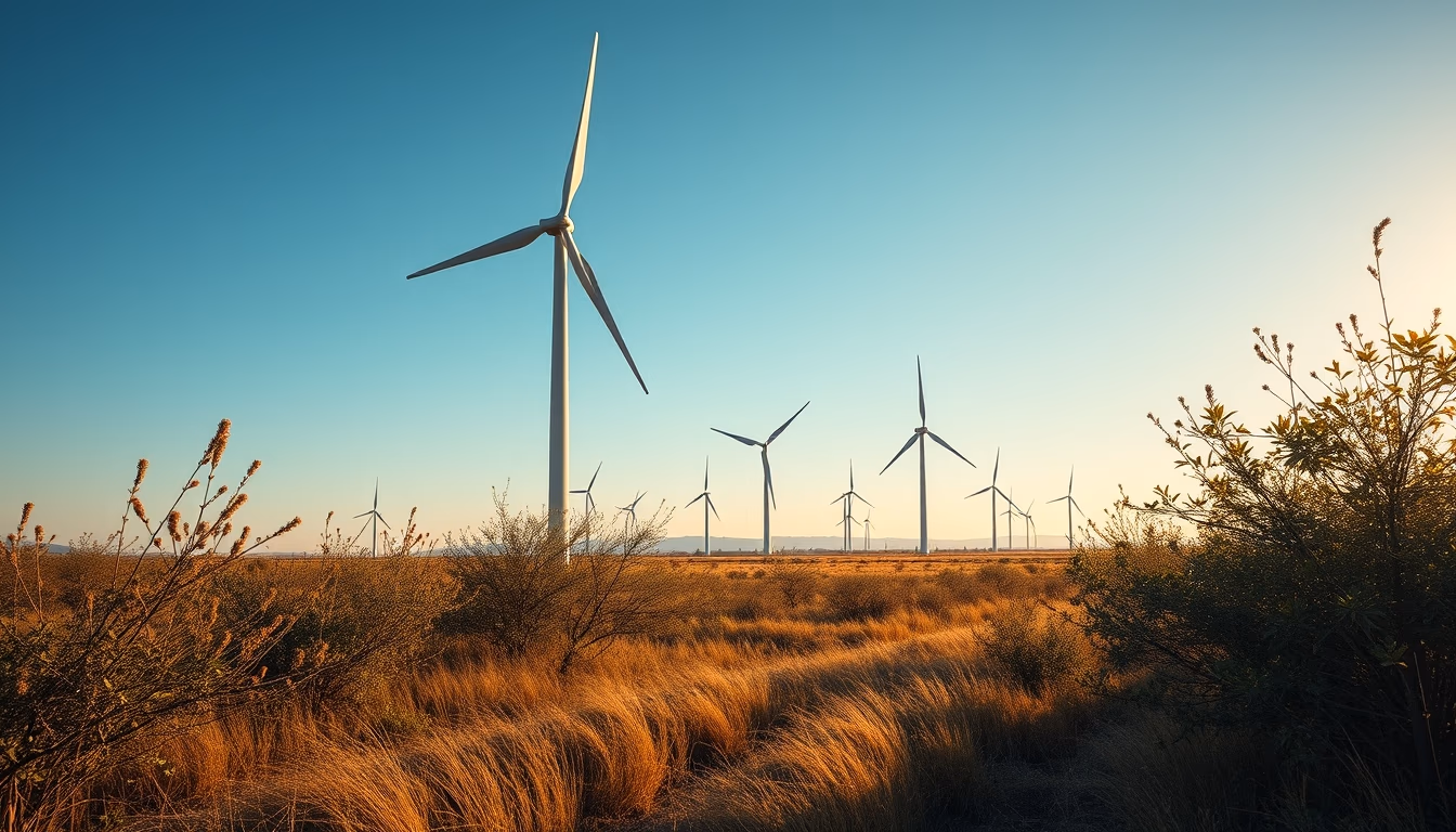 Northeast wind farm turbines against scrubland vegetation in editorial style