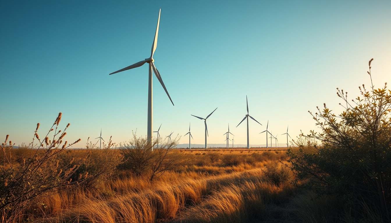 Northeast wind farm turbines against scrubland vegetation in editorial style