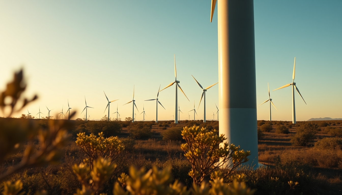 Northeast wind farm turbines against scrubland vegetation in editorial style