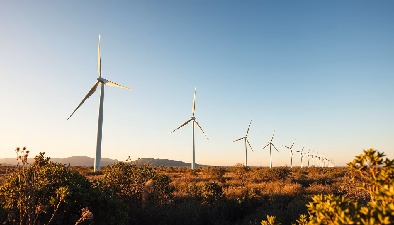 Northeast wind farm turbines against scrubland vegetation in editorial style