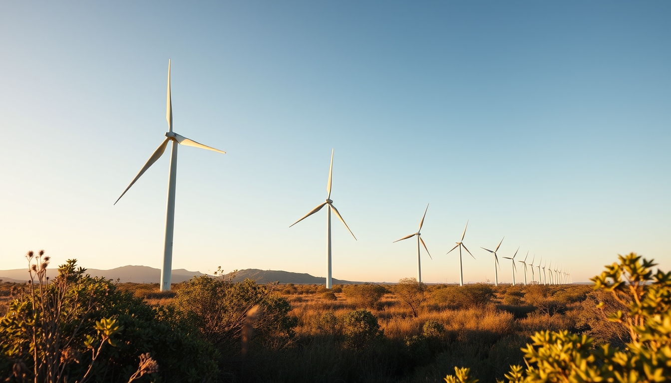 Northeast wind farm turbines against scrubland vegetation in editorial style