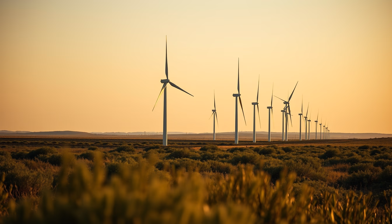 Northeast wind farm turbines against scrubland vegetation in editorial style
