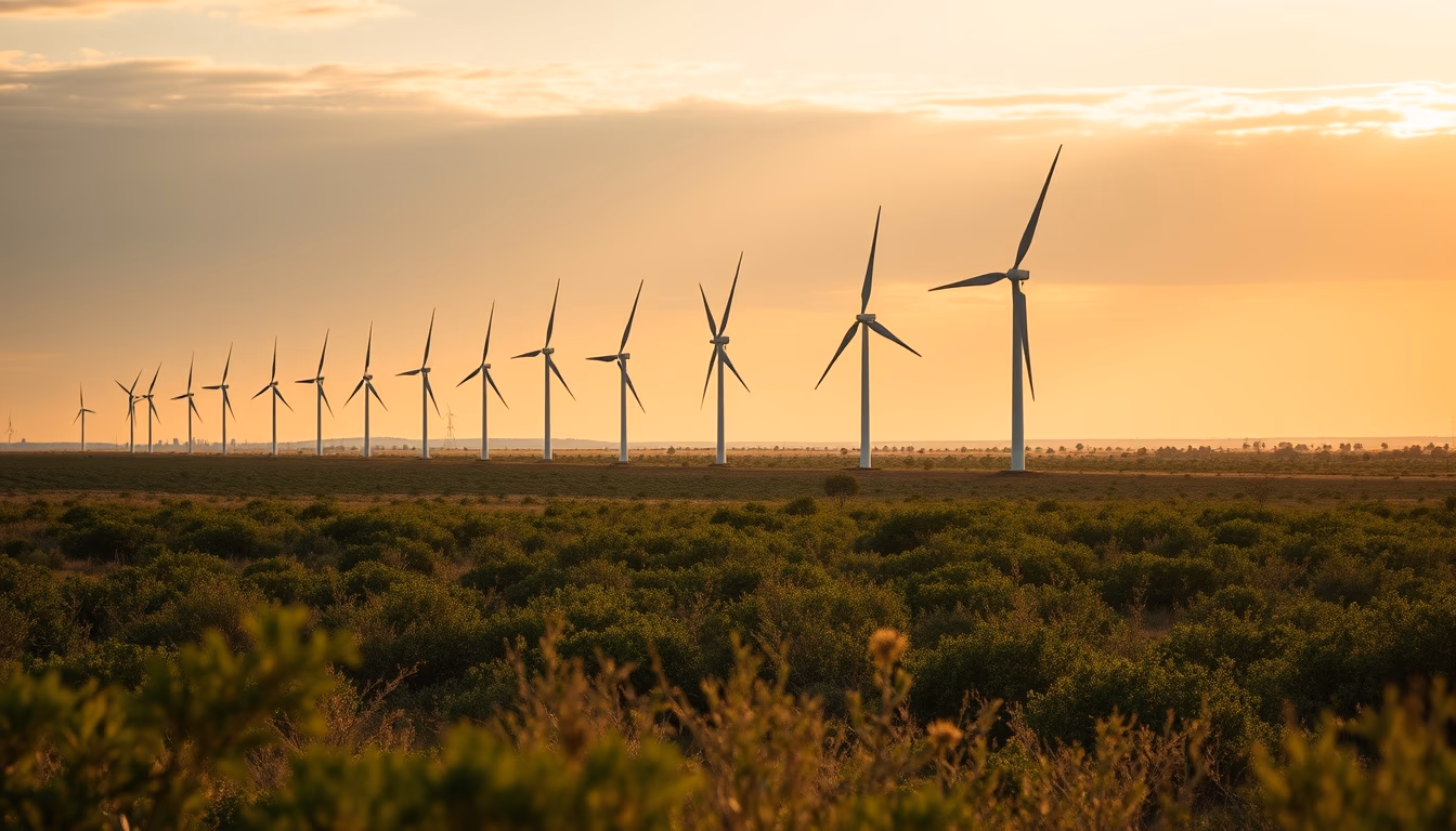 Northeast wind farm turbines against scrubland vegetation in editorial style