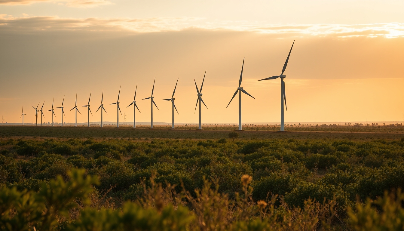 Northeast wind farm turbines against scrubland vegetation in editorial style