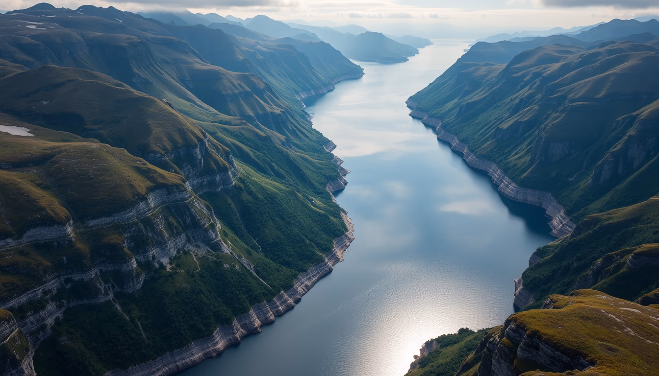 norwegian fjord aerial view in editorial style