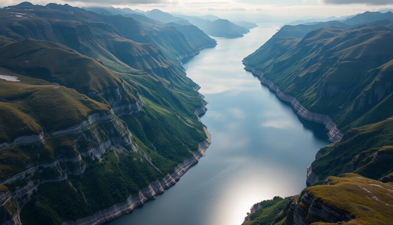norwegian fjord aerial view in editorial style