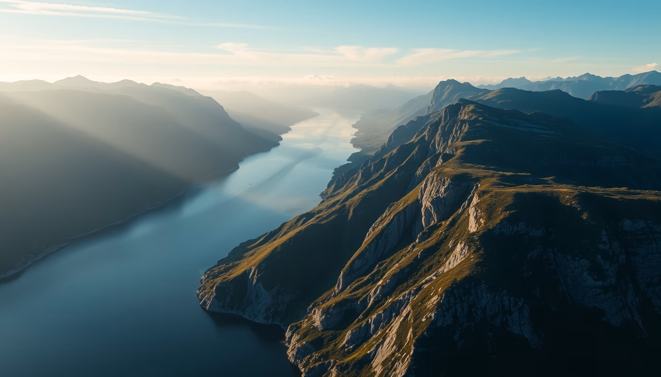 Norwegian fjord aerial view em estilo editorial