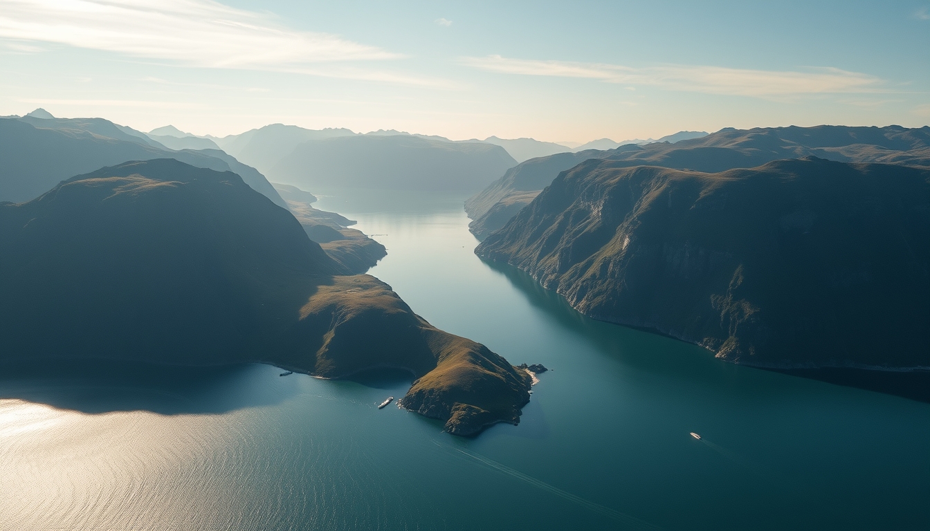 norwegian fjord aerial view in editorial style