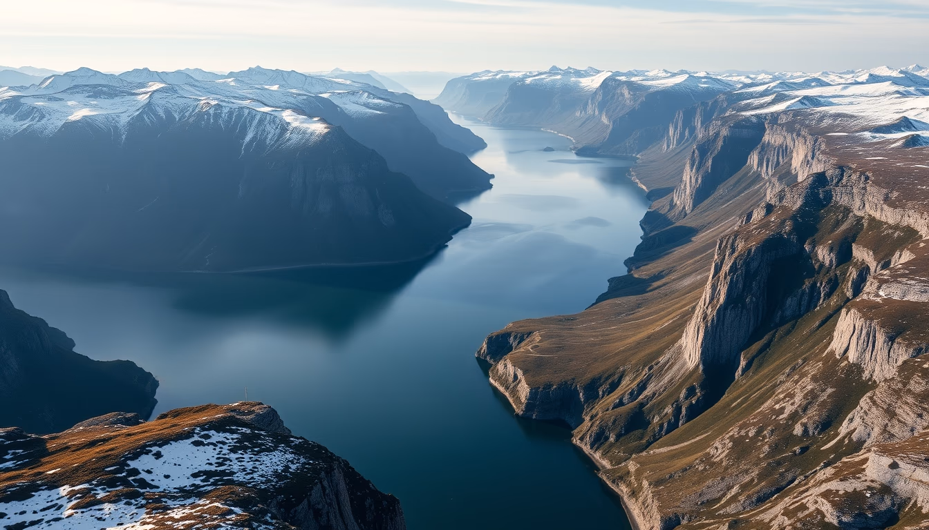 norwegian fjord aerial view in editorial style