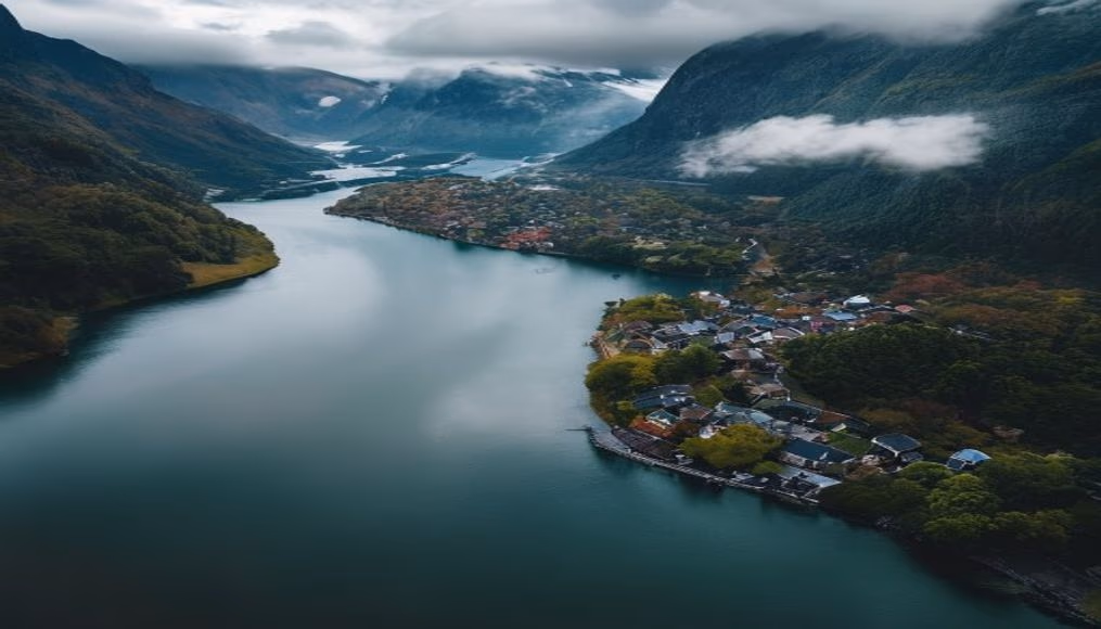 norwegian fjord aerial view in editorial style