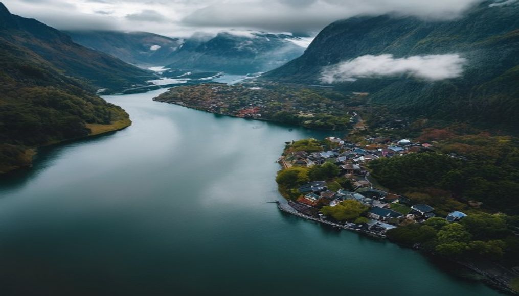 norwegian fjord aerial view in editorial style