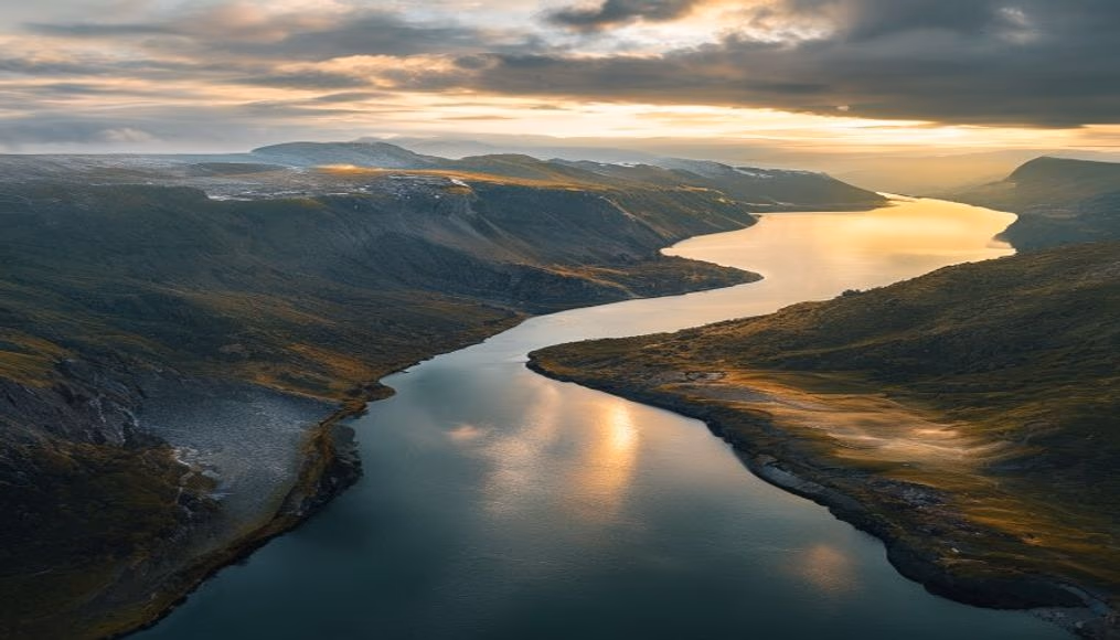 norwegian fjord aerial view in editorial style