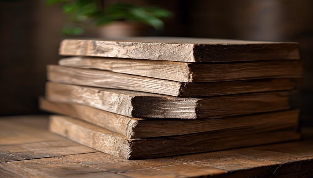 oak board planks stack in editorial style