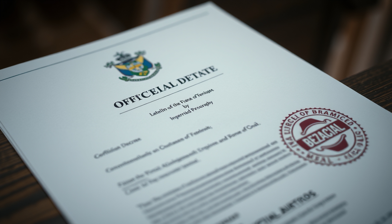 Official decree document with Brazilian government letterhead and stamp em estilo editorial