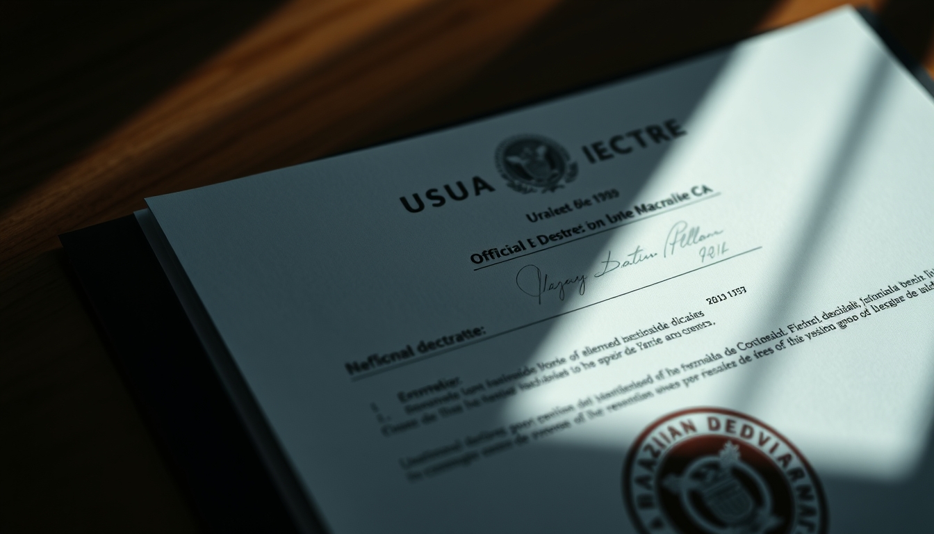 Official decree document with Brazilian government letterhead and stamp em estilo editorial