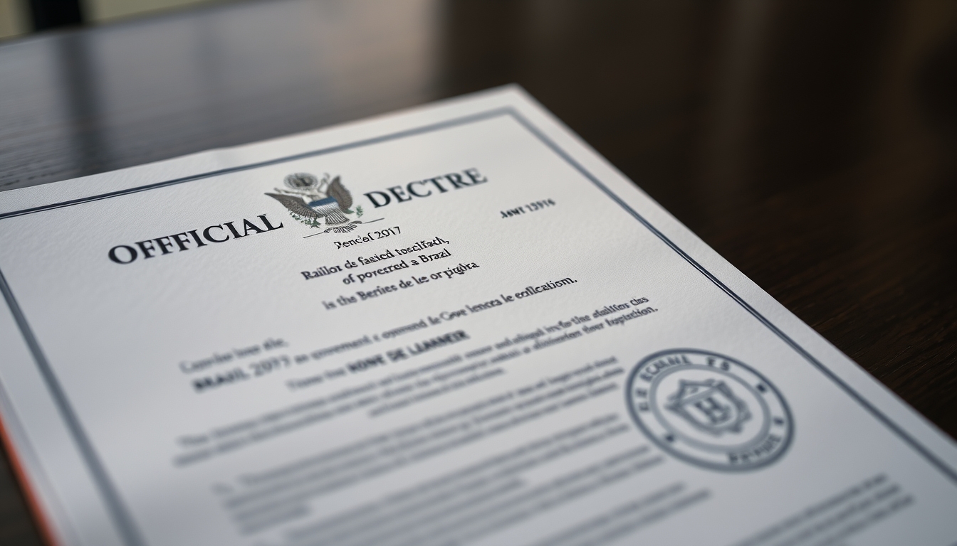 Official decree document with Brazilian government letterhead and stamp em estilo editorial