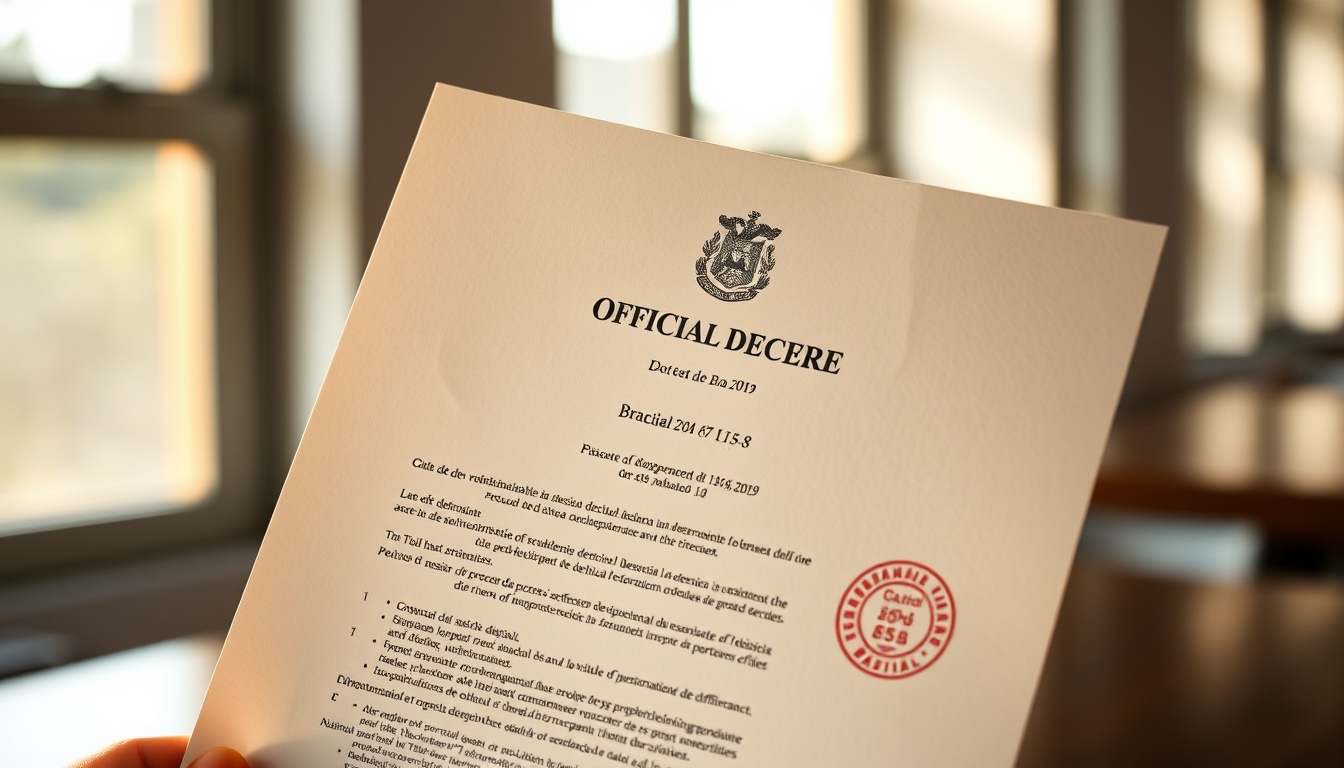 Official decree document with Brazilian government letterhead and stamp em estilo editorial