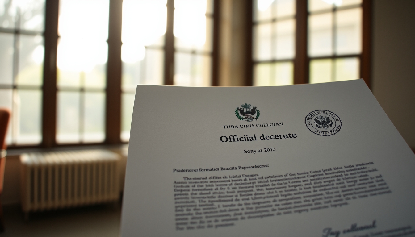 Official decree document with Brazilian government letterhead and stamp em estilo editorial