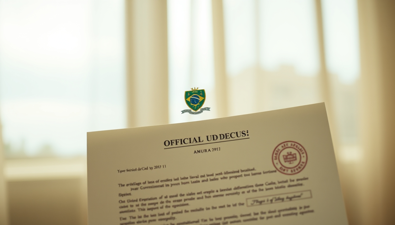 Official decree document with Brazilian government letterhead and stamp em estilo editorial