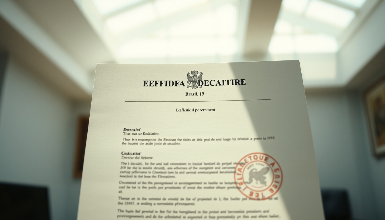 Official decree document with Brazilian government letterhead and stamp em estilo editorial