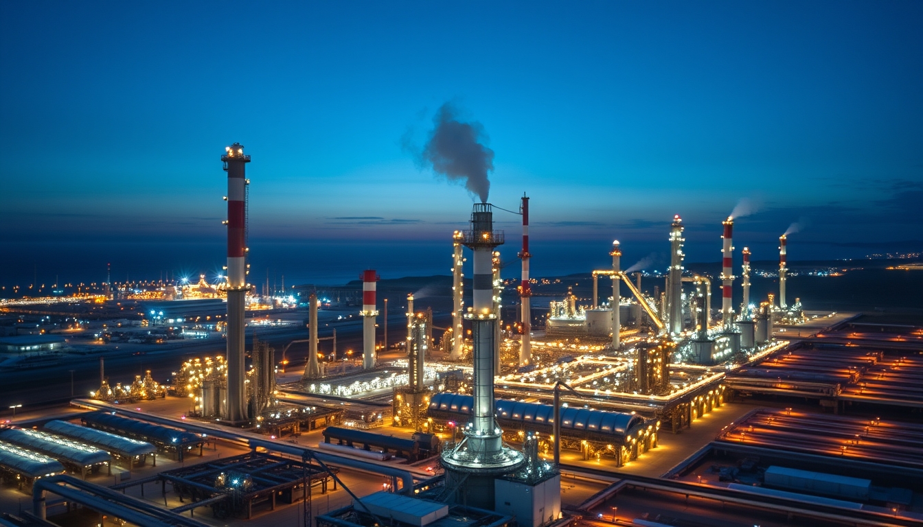 oil refinery night lights in editorial style