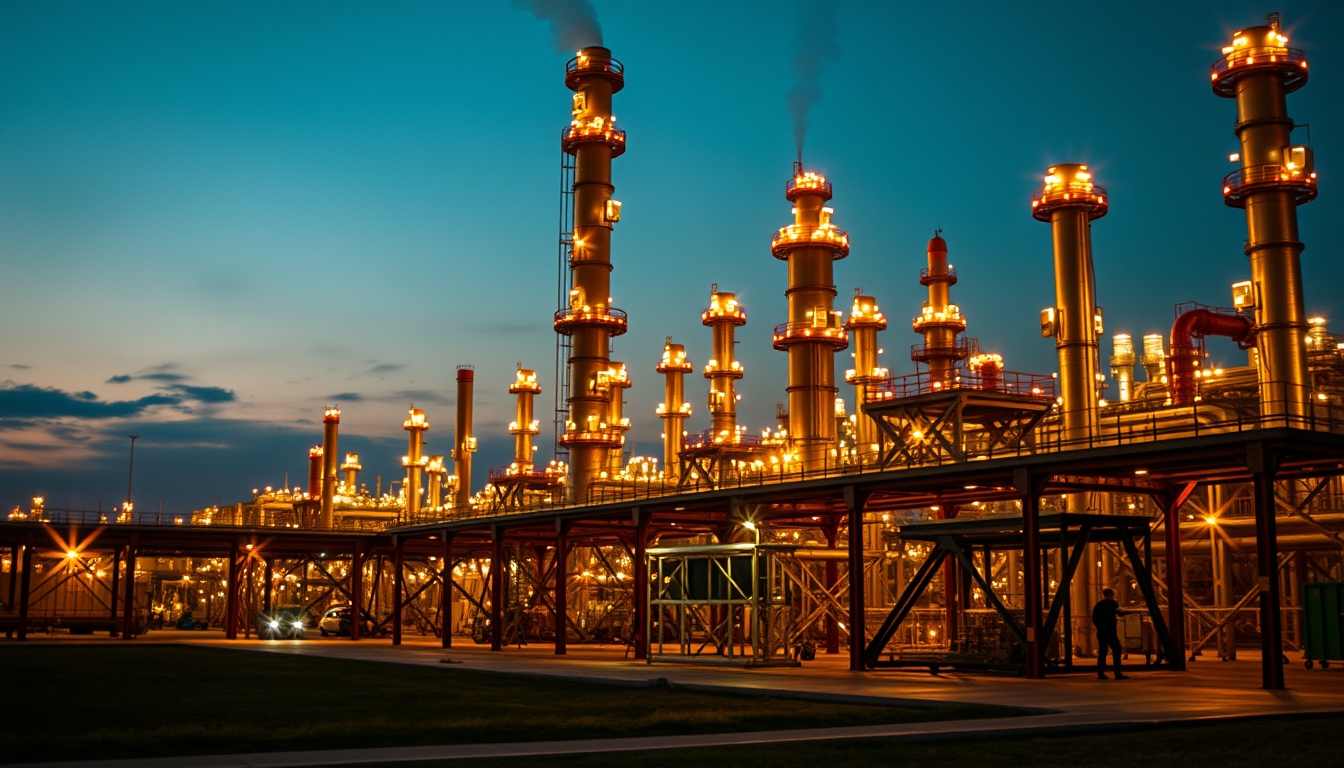 oil refinery night lights in editorial style