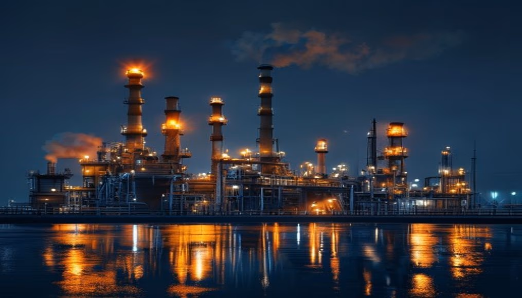 Oil refinery night lights em estilo editorial