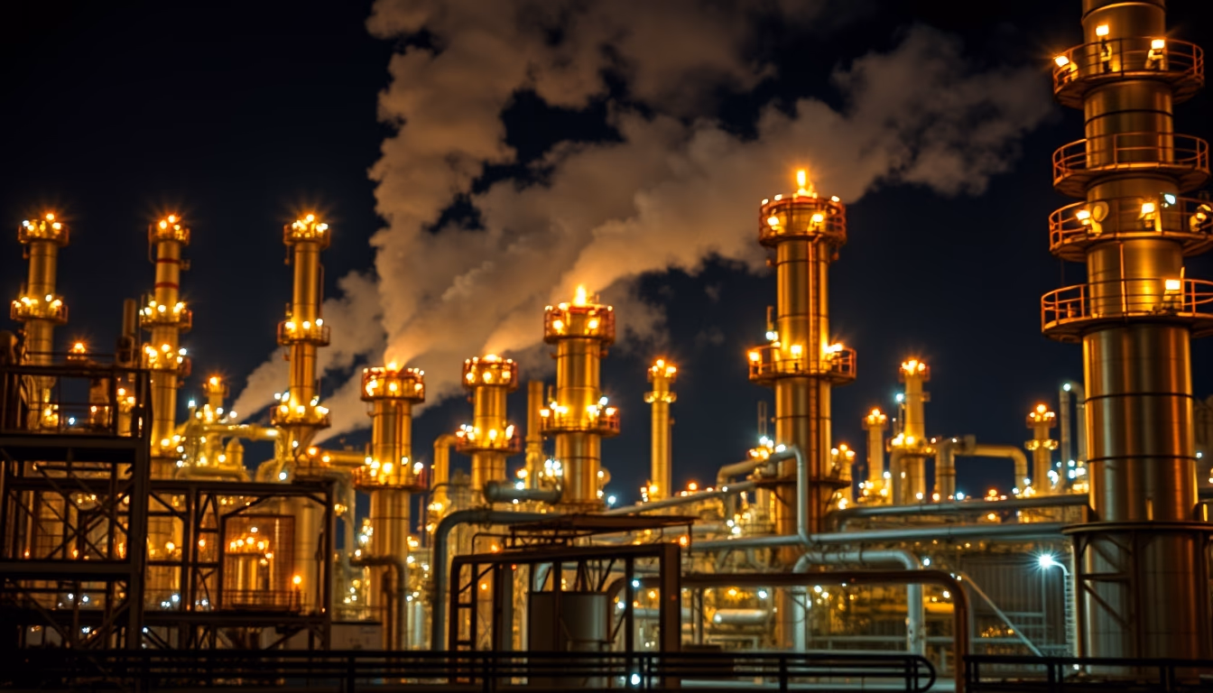 oil refinery night lights in editorial style