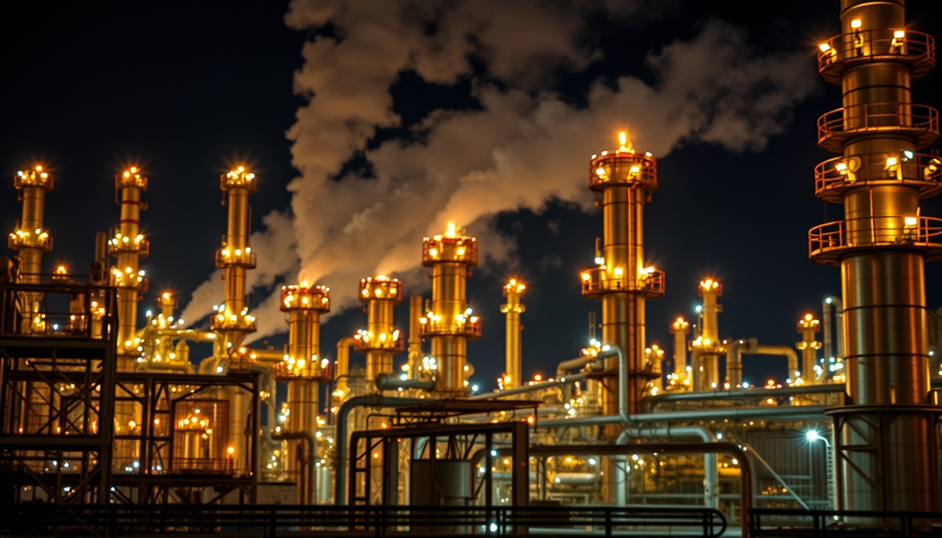 oil refinery night lights in editorial style