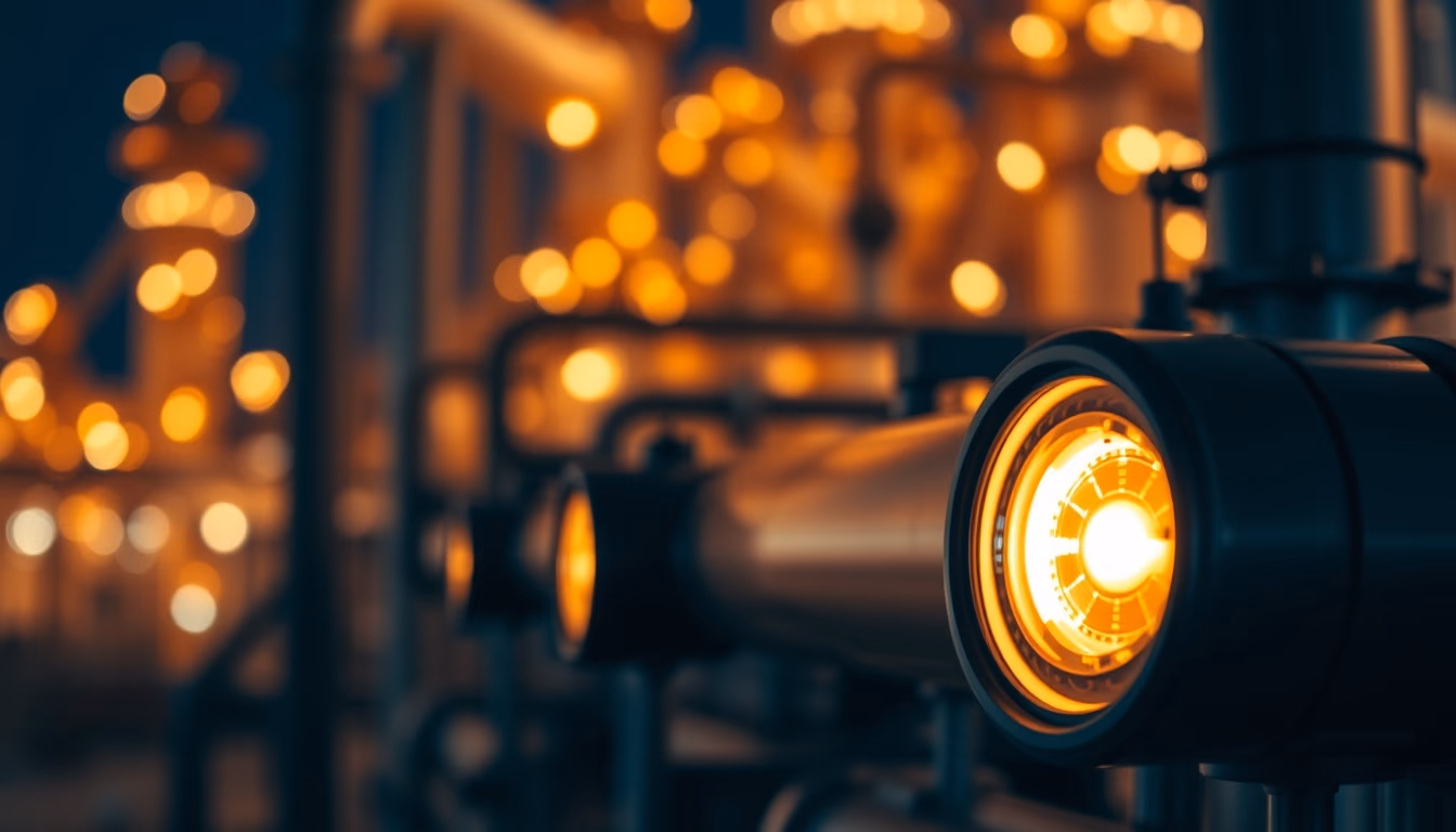 oil refinery night lights in editorial style