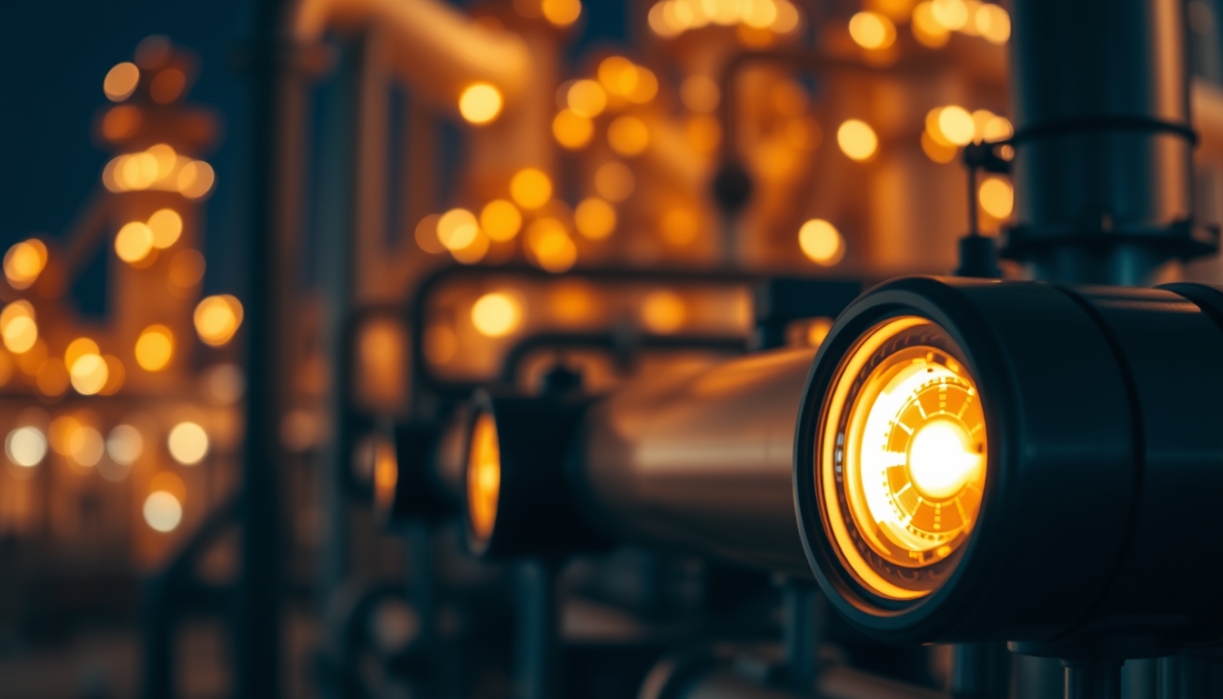 oil refinery night lights in editorial style