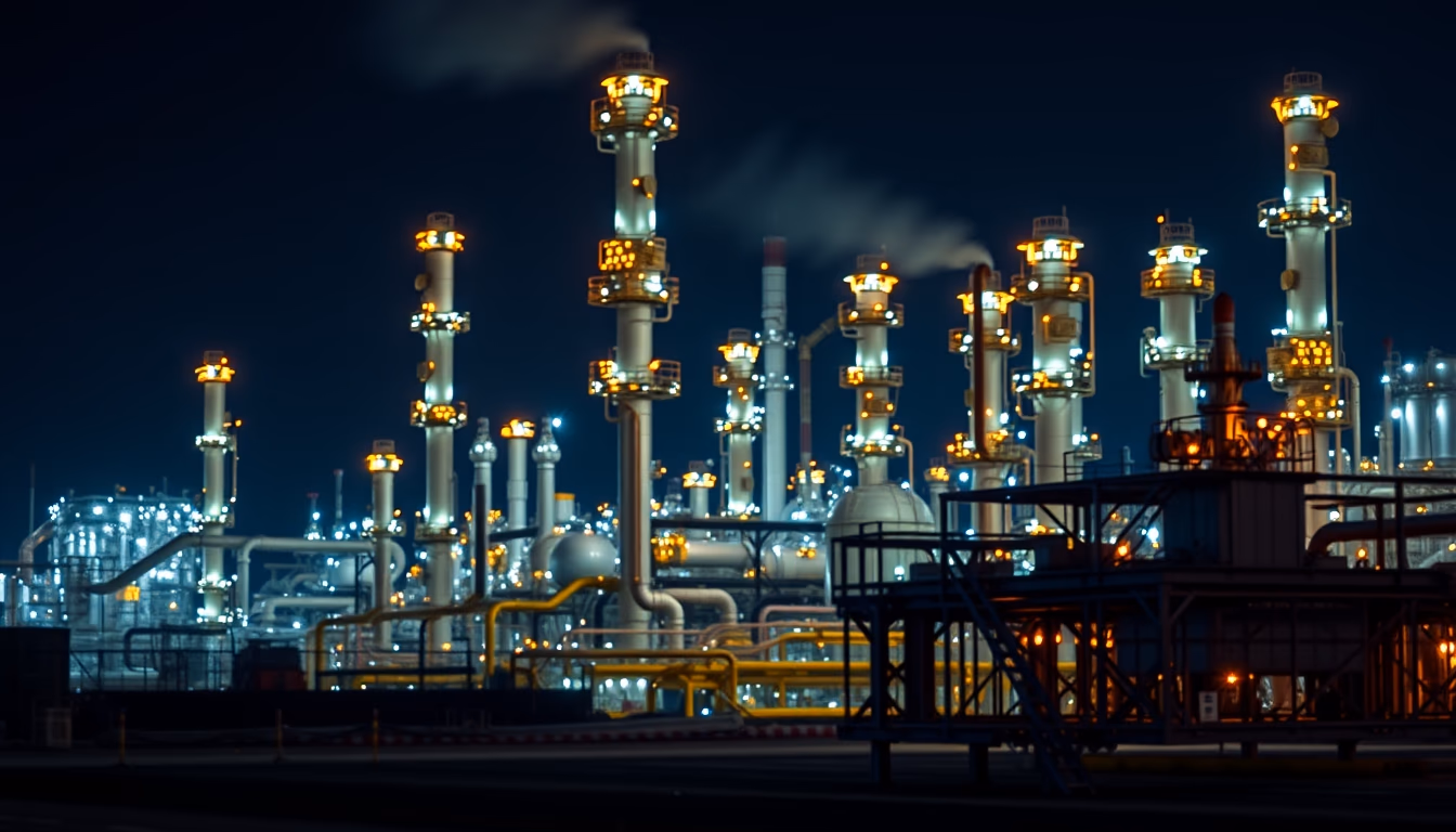oil refinery night lights in editorial style