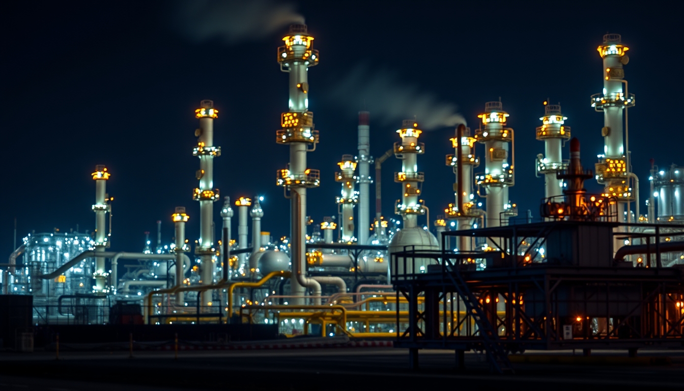 oil refinery night lights in editorial style