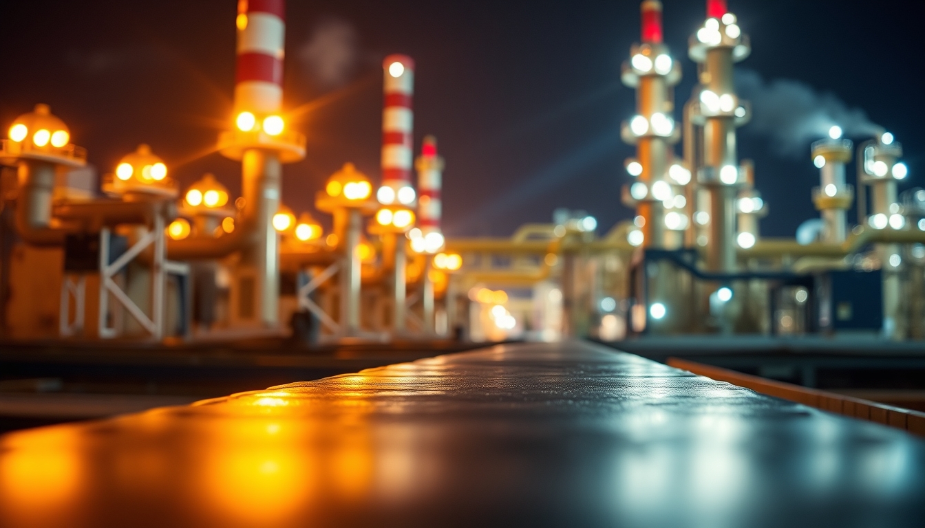 oil refinery night lights in editorial style