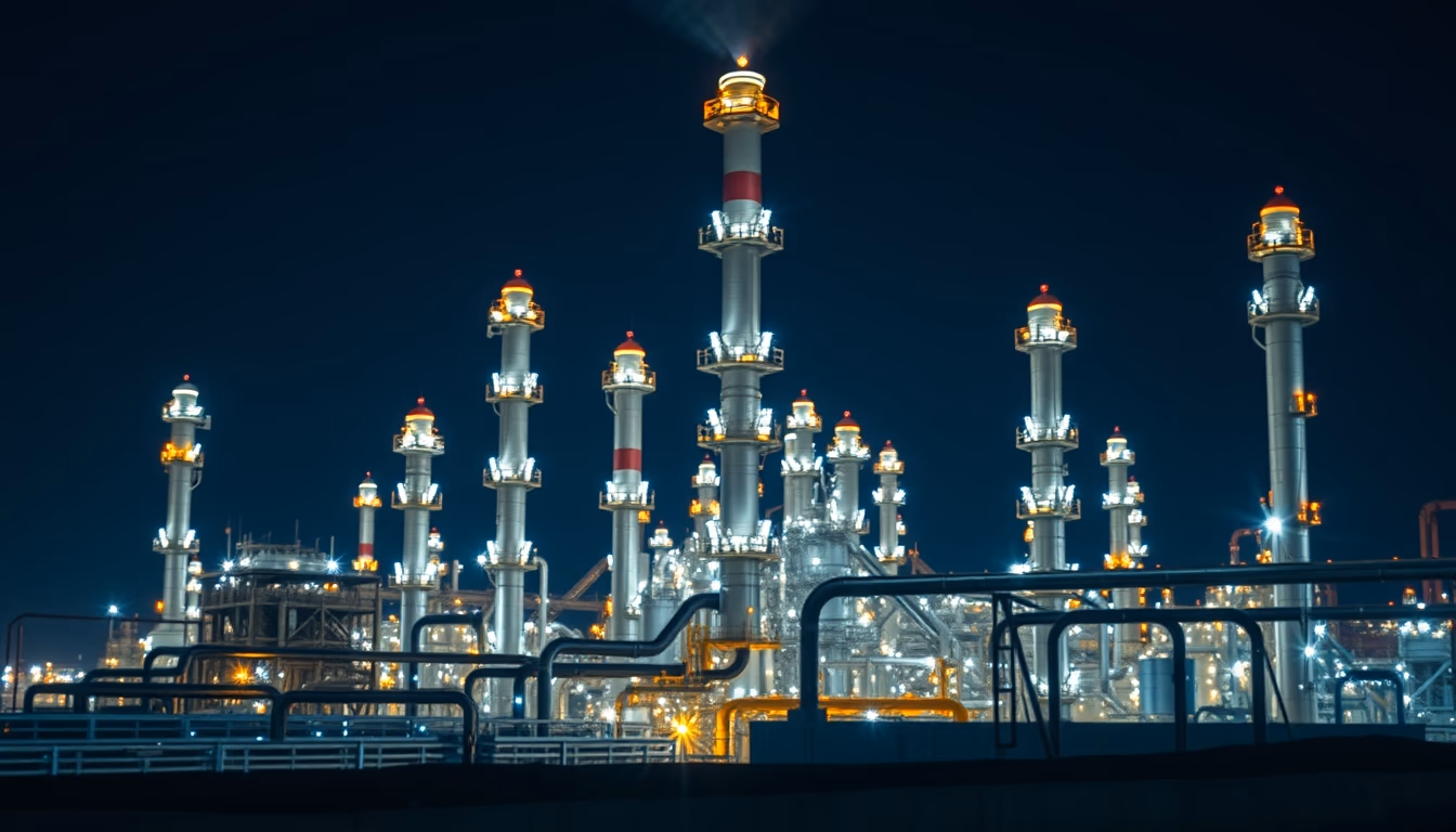 oil refinery night lights in editorial style
