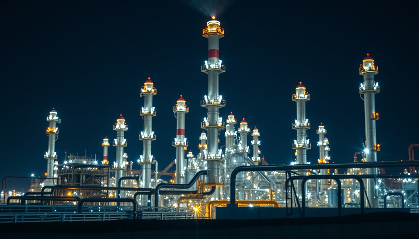 oil refinery night lights in editorial style