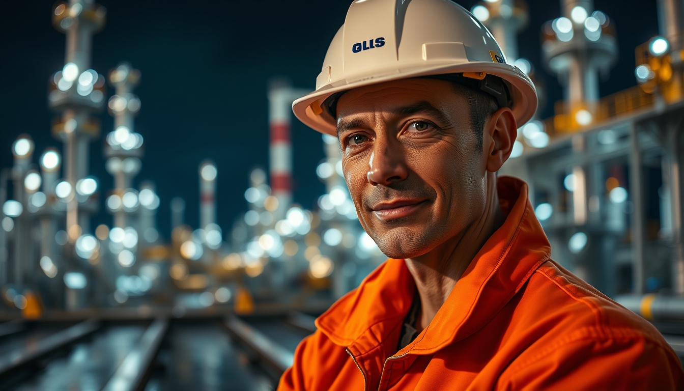 oil refinery night lights in editorial style