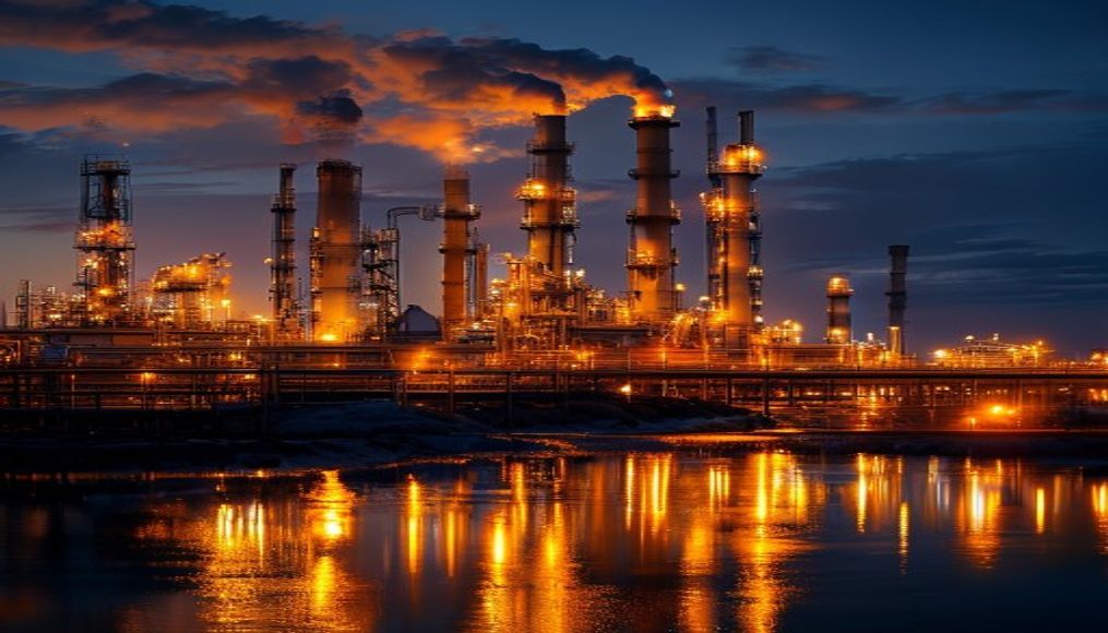 oil refinery night lights in editorial style