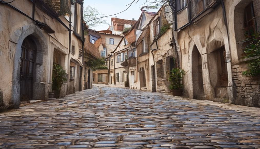 old town european cobblestone in editorial style
