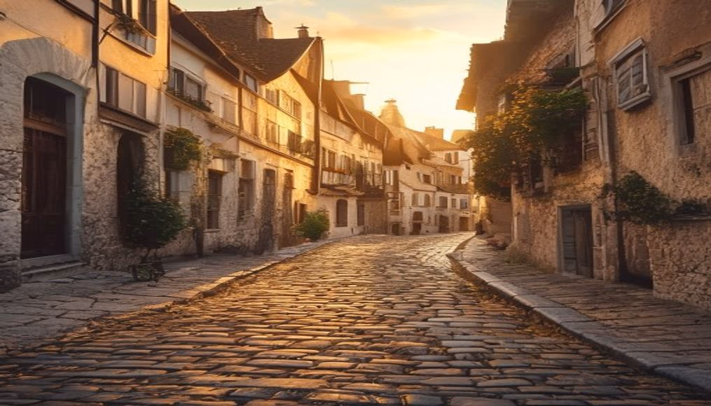 old town european cobblestone in editorial style