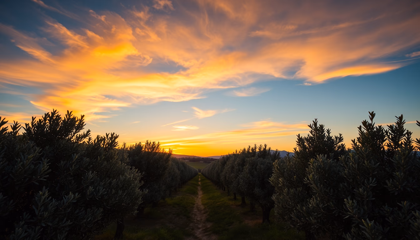 olive grove sunset golden in editorial style